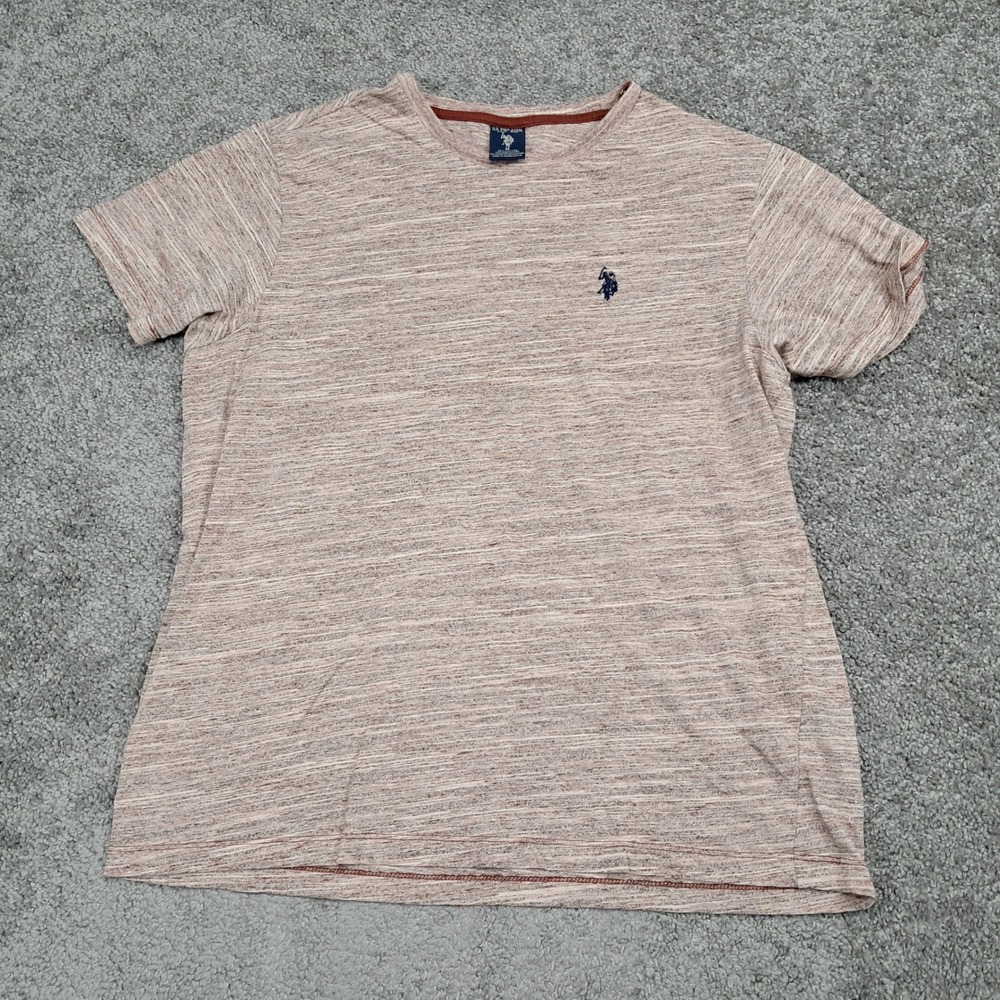 US Polo Assn Mens Space Dye Heathered T-Shirt Tan White Crewneck Medium Logo‎